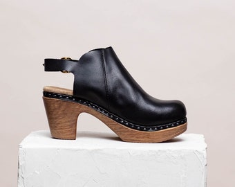 High-heeled slingback clog in buttery soft black leather-Tyra black, Calou Stockholm