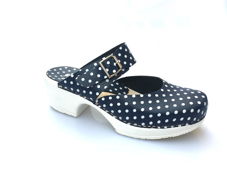 Slip On Sandal Clog Inga Soft Low Heel Clog Mules Poka Dot Shoes Blue Clogs Swedish Clogs for Women