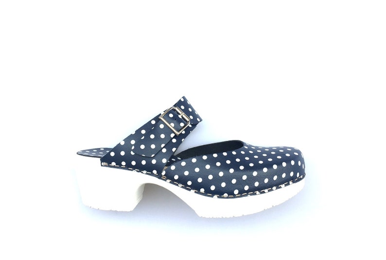Slip On Sandal Clog Inga Soft Low Heel Clog Mules Poka Dot Shoes Blue Clogs Swedish Clogs for Women