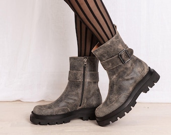 Botines vintage negros de piel para mujer con suela de tractor, cecile by Calou Stockholm