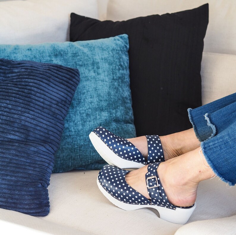 Slip On Sandal Clog Inga Soft Low Heel Clog Mules Poka Dot Shoes Blue Clogs Swedish Clogs for Women