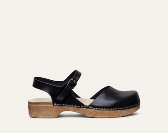 Black Mary Jane Low Heel Leather Clog-Diana Black, Calou Stockholm