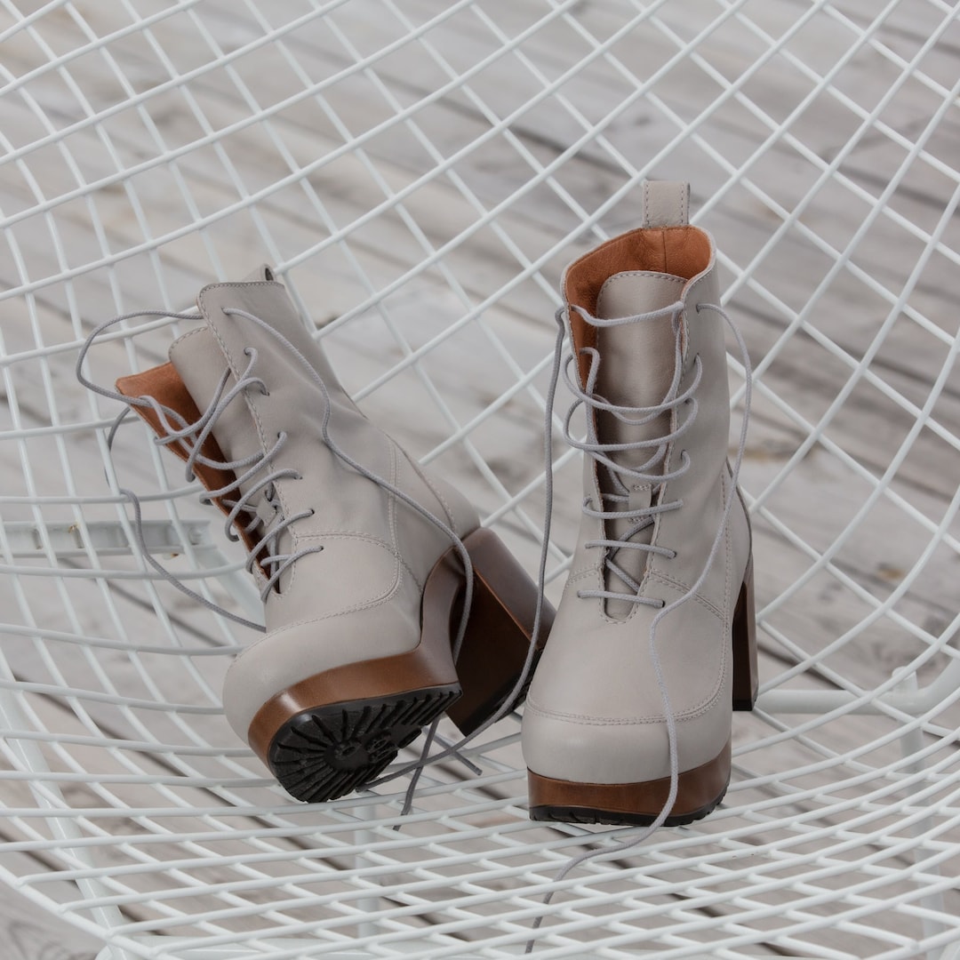 Chunky Grey Lace up Boots Made in Europe for Woman Calou Etsy