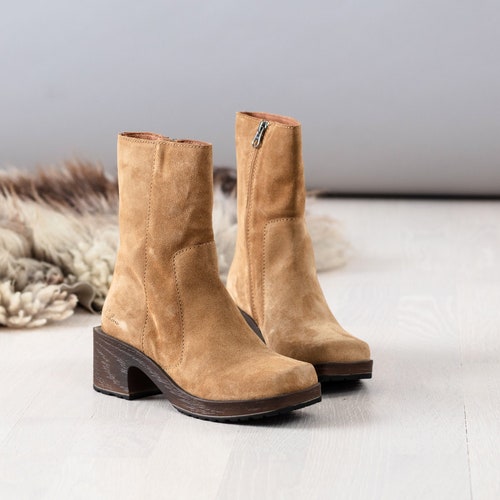 Beige Square Toe Boot Clogs for Women 