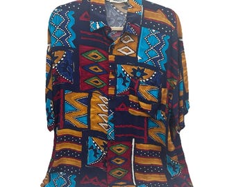 Baron's Men's ButtonUp Shirt Medium Vintage Vibrant Geometric Colors 100% Rayon