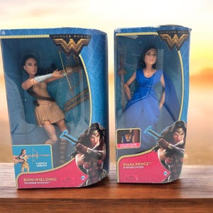 Puede incluir: Dos figuras de acción de Wonder Woman en cajas. Una figura viste un atuendo marrón y dorado con arco y flecha, etiquetada como "Bow-Wielding Wonder Woman". La otra figura viste un vestido azul, etiquetada como "Diana Prince & Hidden Sword".