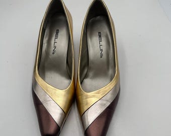 VTG Bellini Leather Block Heel Pumps Metallic Gold Silver Brown Pointed Toe 6.5W