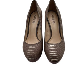 VTG Guess Womens Size 7.5M Brown Leather Snakeskin Platform Stiletto Pumps Heels