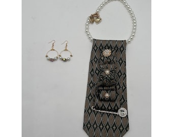 Geoffrey Beene Upcycled Silk Tie Pearl Necklace & Earring Set Boho Statement