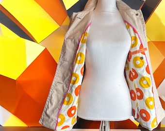 J. Crew Belted Trench Coat Women Size 4 Beige Lightweight Donut Print Lining VTG