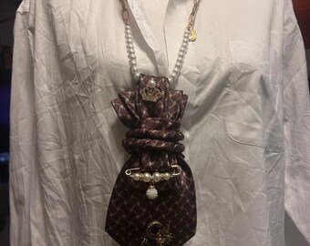Handmade Statement Necktie Necklace Burgundy Dragon Crown Faux Pearl Embellished