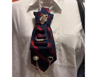 Nautica Repurposed Striped Bow Tie Necklace Owl Pearl Charms Navy Red Preppy