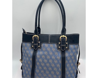 Dooney & Bourke Monogram Denim Leather Tote Bag Blue Navy Gold Buckle J8394132