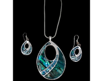 KC Abalone Shell Teardrop Necklace & Earrings Set Silver Tone Blue Crystal Inlay