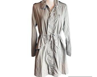 VTG Mello Days Women Small  Trench Coat Sage Green Lightweight Drawstring Waist