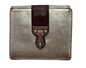 Michael Kors Bifold Wallet Metallic Gold Leather Brown Trim Snap Closure Vintage