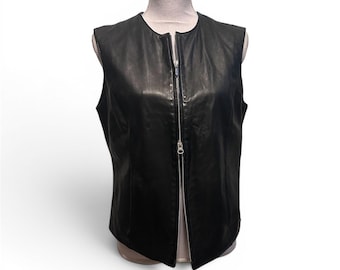 Vintage Caslon Black Genuine Lambskin Leather Zip Up Vest Women's Medium 60910