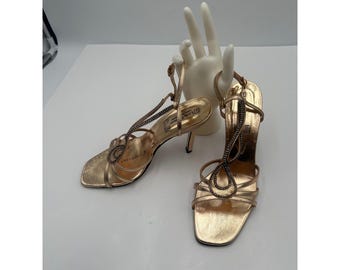 Lady Fashion Gold Metallic Goat Leather Rhinestone T-Strap Sandals Heels Size 5