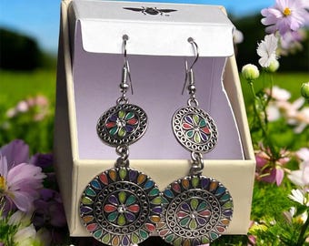 Boho Silver Tone Multi Color Enamel Mandala Double Drop Earrings with Gift Box