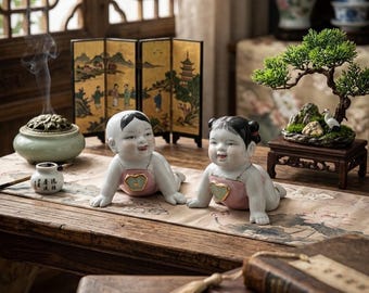 Vintage Chinese Porcelain Crawling Baby Figurines Set Boy Girl Ceramic Statue