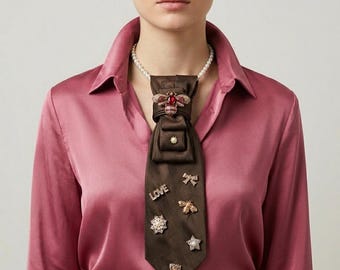 John Ashford Upcycled Tie Statement Necklace Jeweled Bee Pearl Embellished Brown