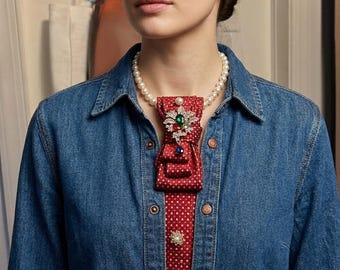 Stafford Upcycled Silk Tie Statement Necklace Red Geometric Pearl Crystal Brooch