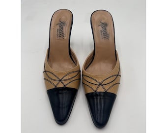 Renetti Women's Tan Black Leather Pointed Toe Mules Heels Size 6.5 M Vintage