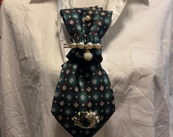 Handmade Geometric Teal Pearl Embellished Tie Necklace Statement Jewelry Brooch