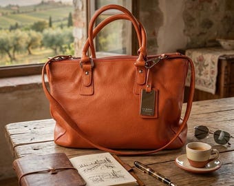 Cartable Claudia Firenze en cuir grainé orange fabriqué en Italie Bandoulière