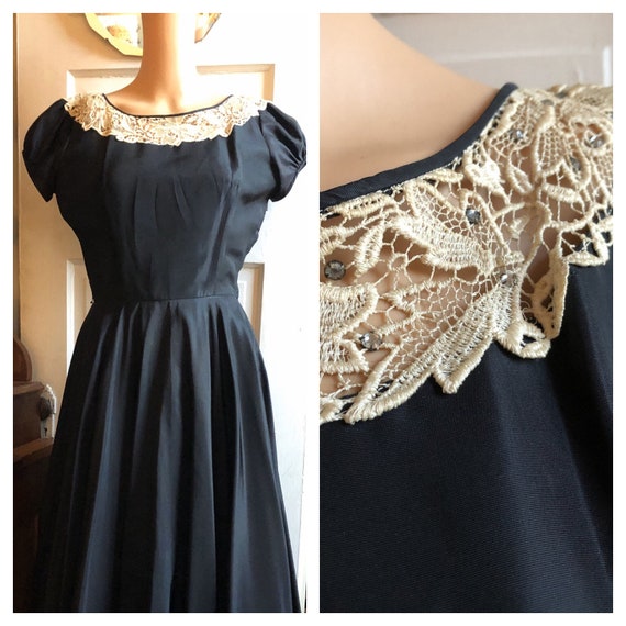 1950s Black Cocktail Dress with Lace and Rhineston