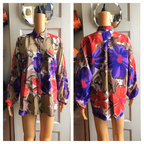 1980s Floral Shirt | 1980s Tan Purple Orange Shirt