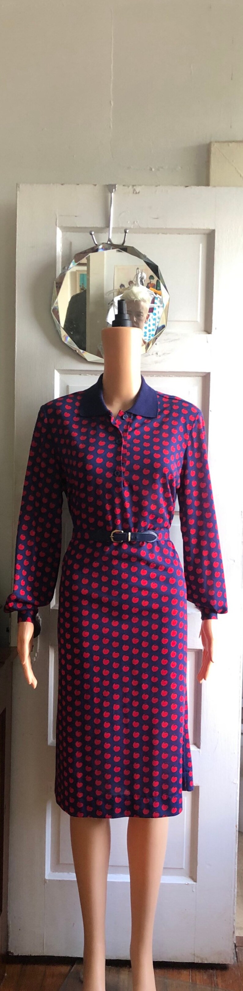 1980s Apple Print Dress 1980s Jersey Shirt Dress 1980s Teacher Dress Size L
