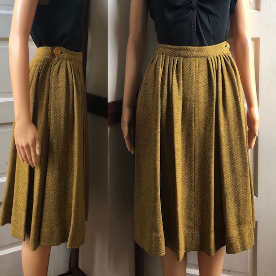 1950s Yellow and Brown Wool Skirt | 50s Gold Pleat
