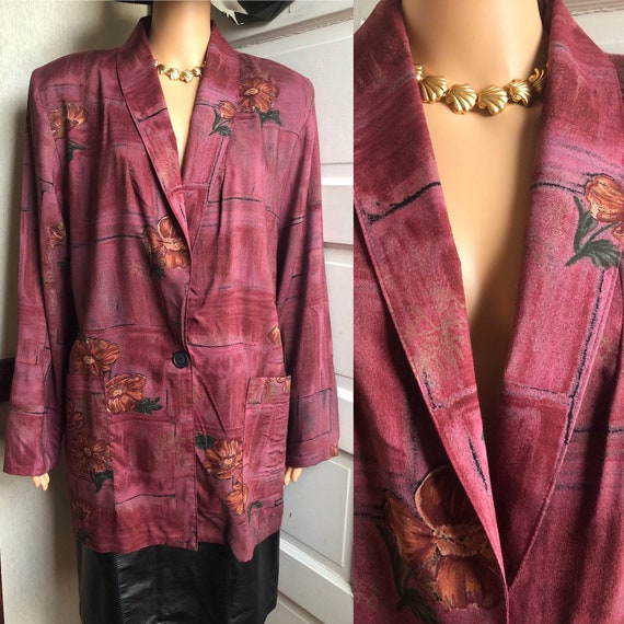 1980s Red Floral Blazer | 80s Oversized Blazer | 8