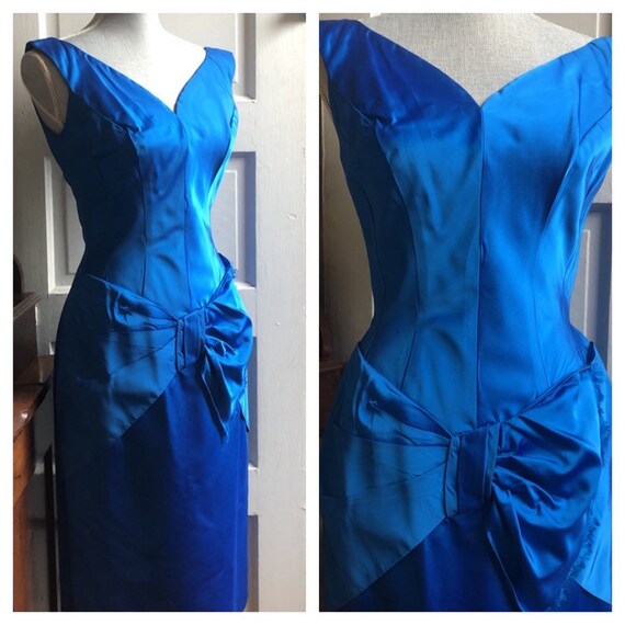 1960s Blue Cocktail Dress | 1960s Blue Satin Dress