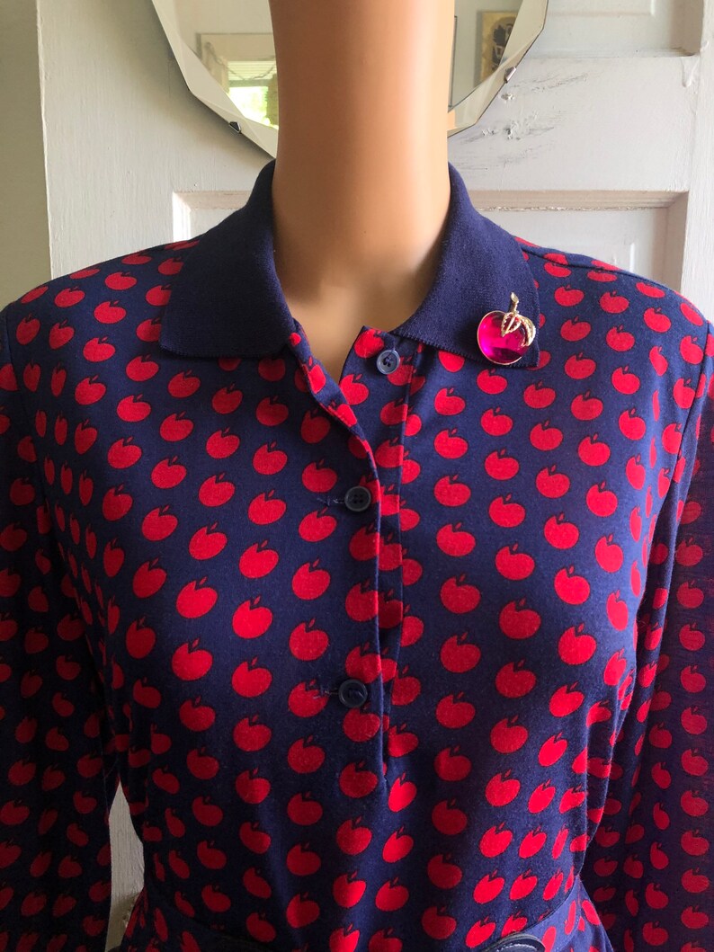 1980s Apple Print Dress 1980s Jersey Shirt Dress 1980s Teacher Dress Size L