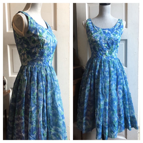 1950s Blue and Green Floral Chiffon Party Dress