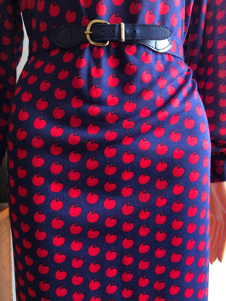 1980s Apple Print Dress 1980s Jersey Shirt Dress 1980s Teacher Dress Size L