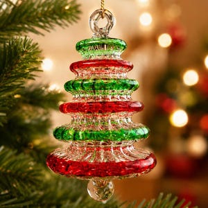 May include: A clear glass Christmas tree ornament featuring alternating horizontal bands of vibrant red and green. The ornament has a tiered, ridged design with a small loop at the top for hanging and a clear glass sphere at the bottom point.