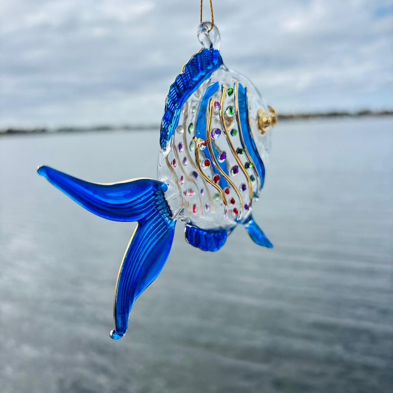 Picture of Blue Glass Fish Ornament • Elegant Gold-detailed Figurine • Mouth-blown ...