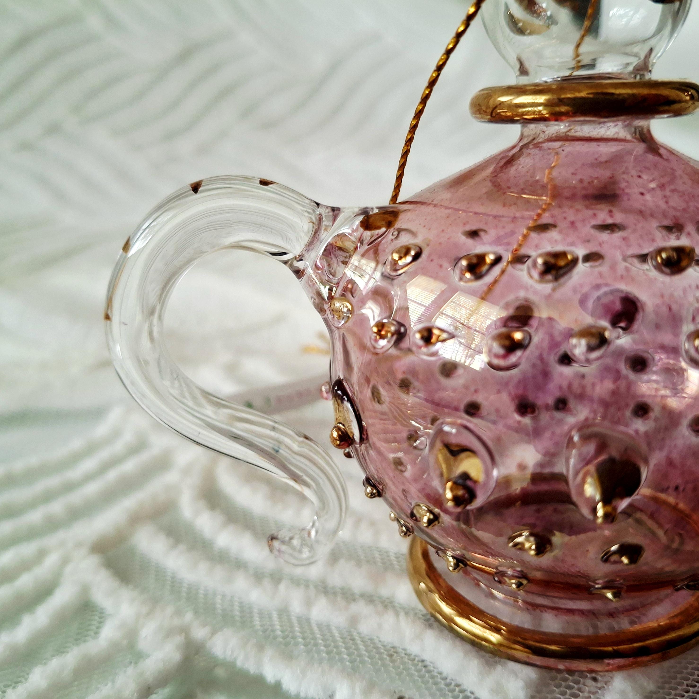 Pink Dotted Teapot Ornament • Mouth-blown Pyrex Glass • 10K Gold Decor ...