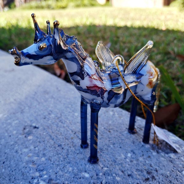 Marble-blue Glass Unicorn Ornament | Mouth-Blown Glass Art | Magical Collectible Gift