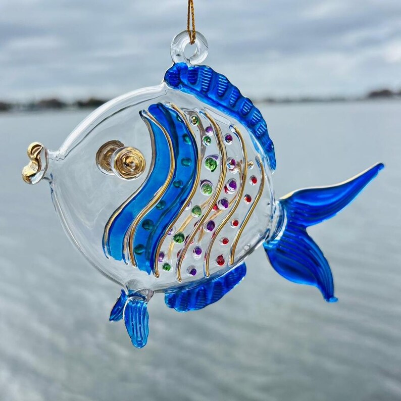 Blue Glass Fish Ornament • Elegant Gold-detailed Figurine • Mouth-blown ... - Blue Glass Fish Christmas Figurine Set