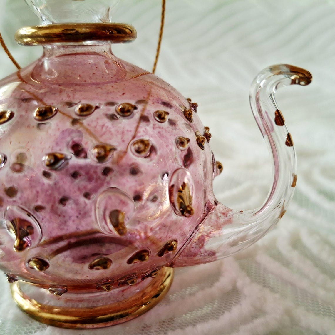 Pink Dotted Teapot Ornament • Mouth-blown Pyrex Glass • 10K Gold Decor ...