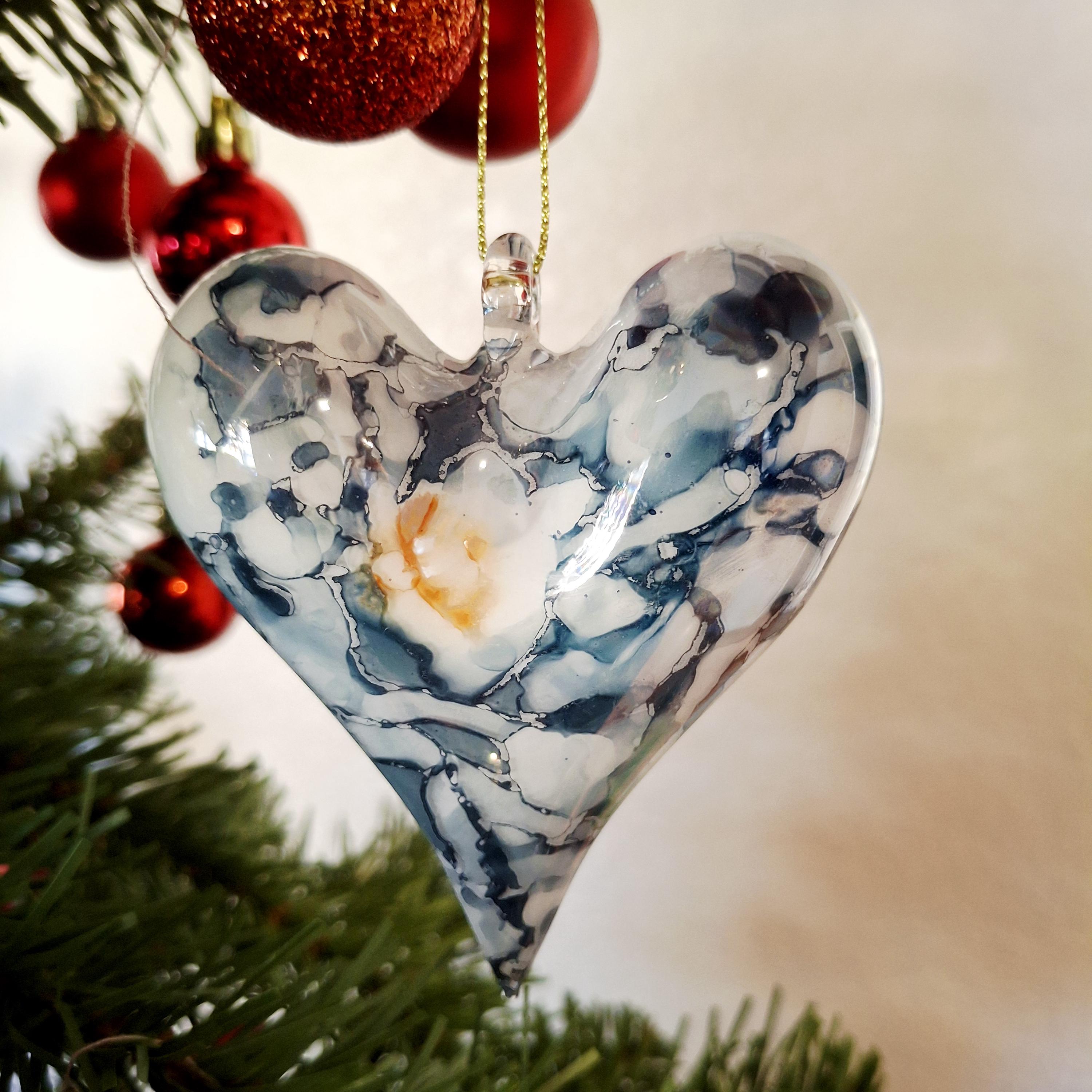 Marble-blue Glass Heart Ornament • Handblown Pyrex • 10K Gold Details ...