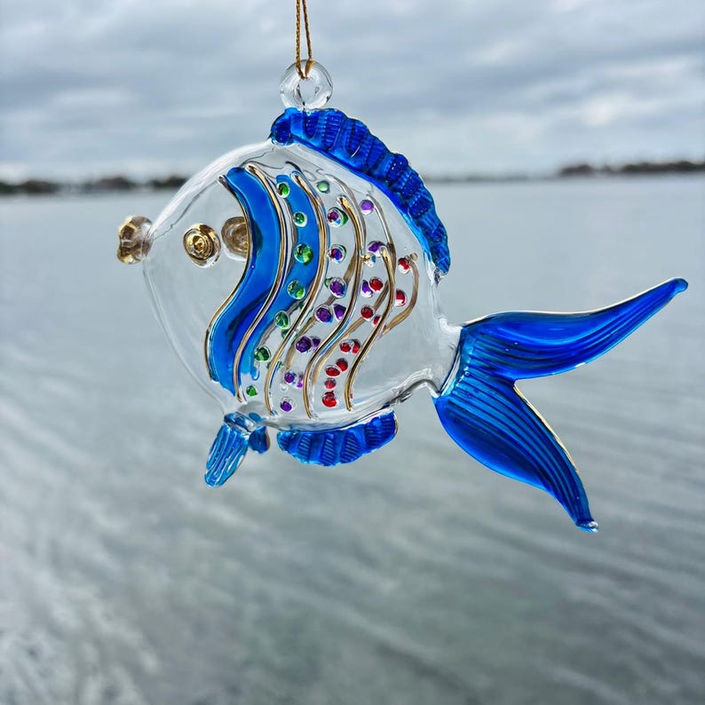 Blue Glass Fish Ornament • Elegant Gold-detailed Figurine • Mouth-blown ...