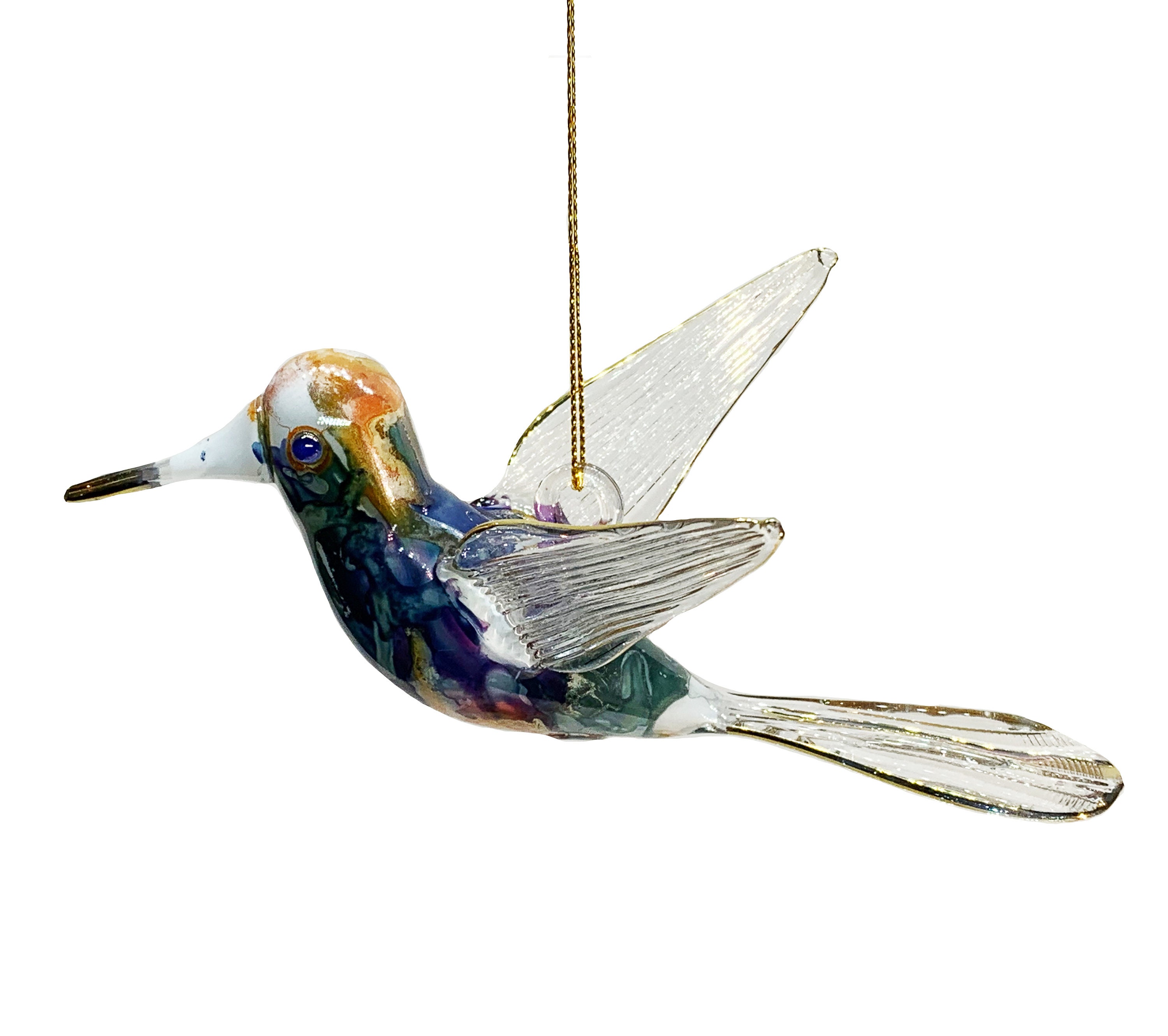 Handblown Glass Hummingbird Ornament: Purple & Gold Tree Decoration