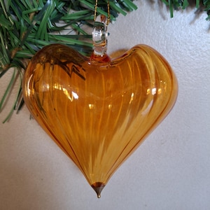Orange Mouth-Blown Glass Heart Ornament • Handblown Pyrex • 10K Gold Details • Hand-Painted