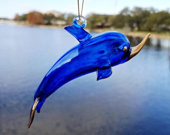 Handblown Glass Dolphin Ornament | Hand-Painted with 10K Gold Accents | Coastal Christmas Tree Decor Gift