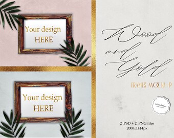 Download Free Wood Photo Frames Mockup - Poster Mockup - Retro Scene Mock Up - Wood and Gold Digital Frames - Rustic - Tropical Scene Palm Leafs Mockup PSD Template